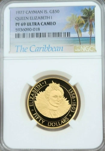 1977 CAYMAN ISLANDS GOLD 50 DOLLARS QUEEN ELIZABETH I NGC PF 69 ULTRA CAMEO 