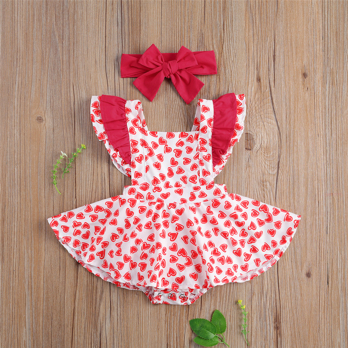 NEW Valentine's Day Baby Girls Heart Print Ruffle Romper Dress - Main Image
