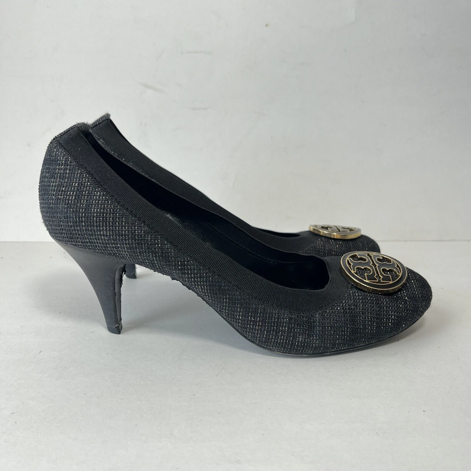 Tory Burch Caroline donna 9 5 maglia nera e oro tweed classico tacchi pompa logo