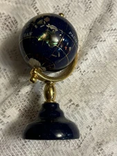 Desktop Rotating Blue Lapis Small World Globe Brass Blue Base 4” Tall