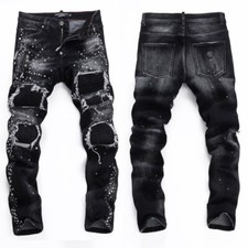 Mens Punk Ripped Pleated Slim fit PU Patch Rivet Jeans Stretch Black Biker Pants