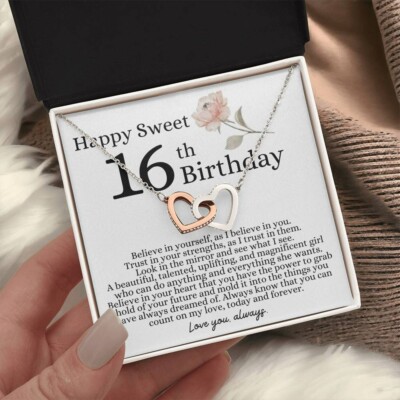 Happy 16th birthday interlinked hearts Necklace gift milestone 16th from mom