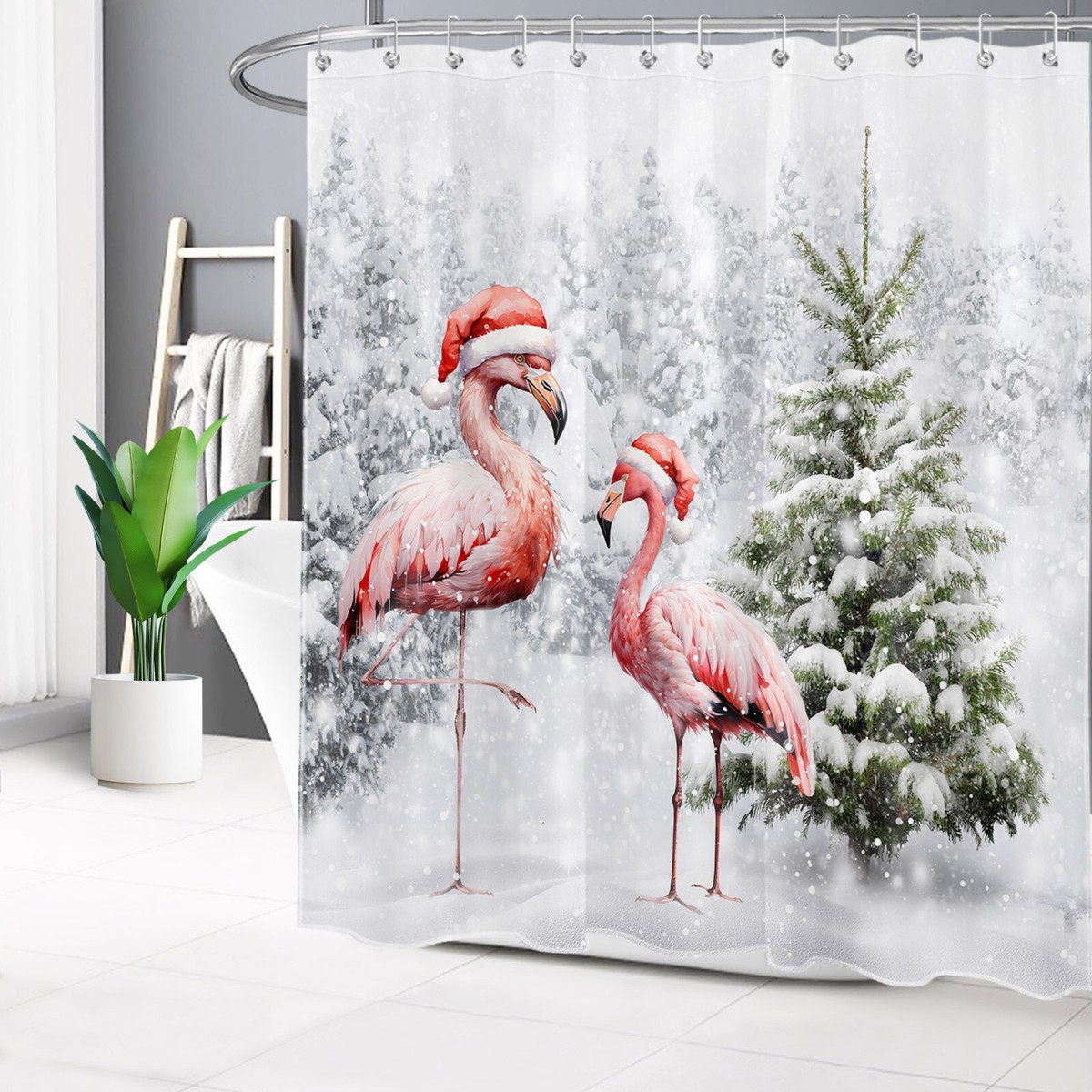 Winter Forest Pink Flamingo Christmas Shower Curtain Bathroom