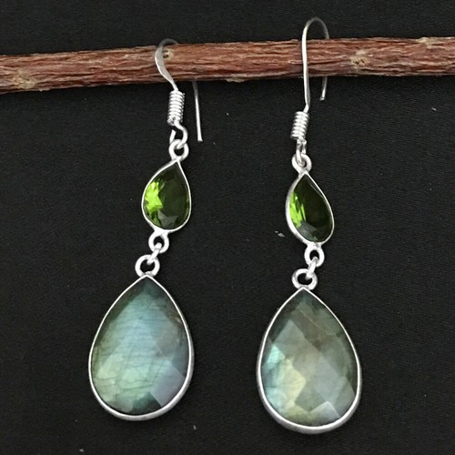 925 Sterling Silver Labradorite & Peridot Bezel Earrings Gift Women BES-1064 - Picture 3 of 7