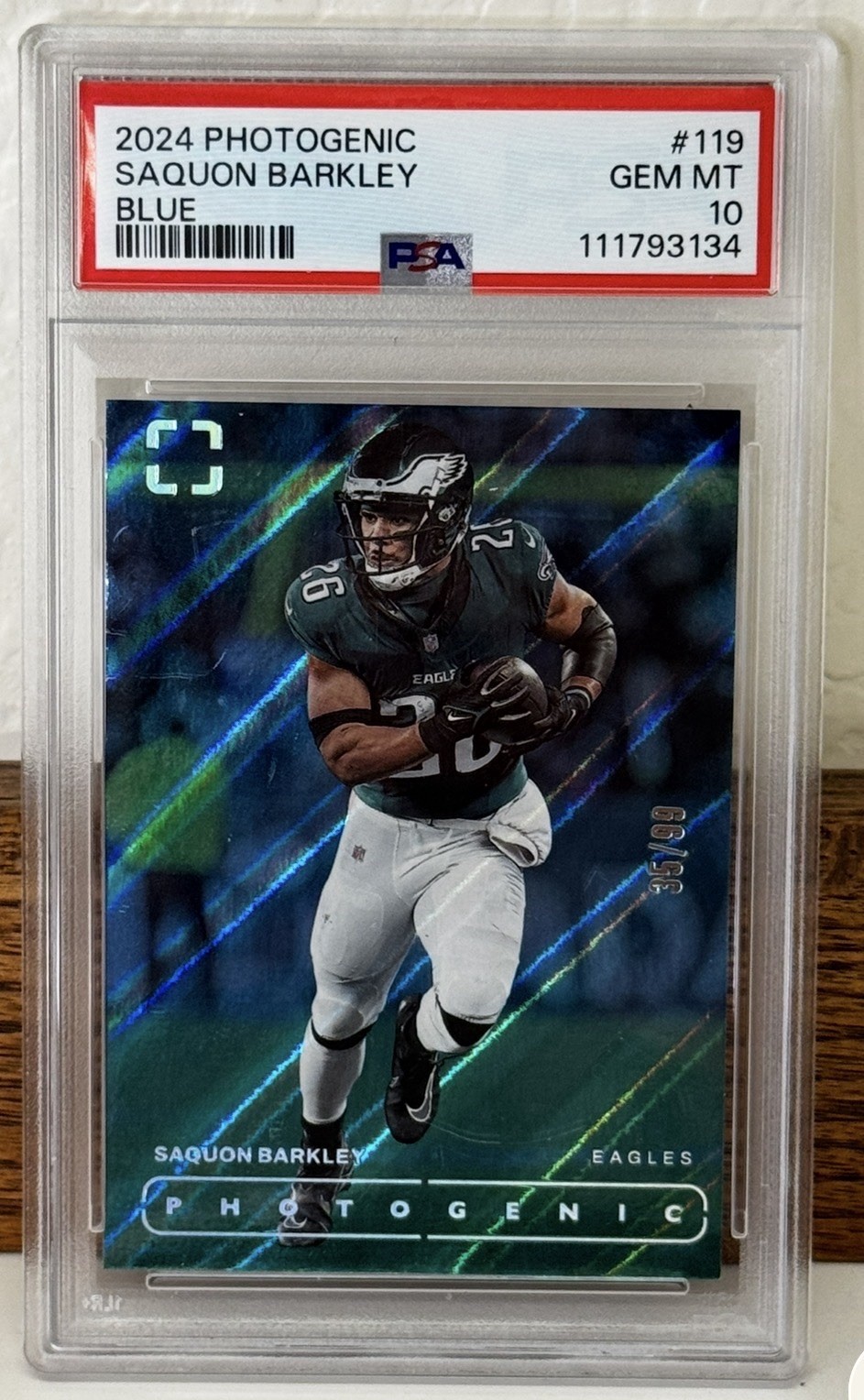POP 1 2024 Photogenic Saquon Barkley Blue /99 PSA 10 Eagles OPOY SB LIX NFL