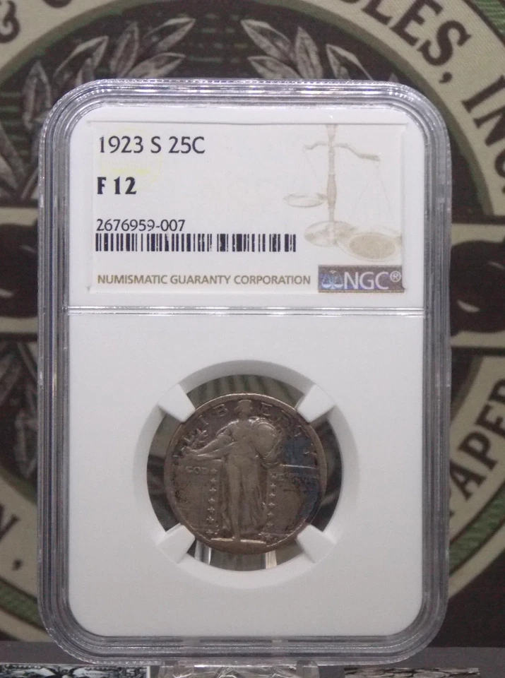 1923 "S" Standing Liberty SILVER Quarter 25c NGC F12 #007 Fine 🗝️KEY🗝️ECC&C - Image 3 of 4