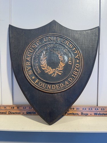 Antique Syracuse University SU Cuse Brass Medallion Seal on Oak Board 14x16"