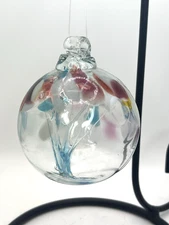 Hand Blown Art Glass 4” Blueish Ornament Sun Catcher Tree Of Life Orb Witch Ball