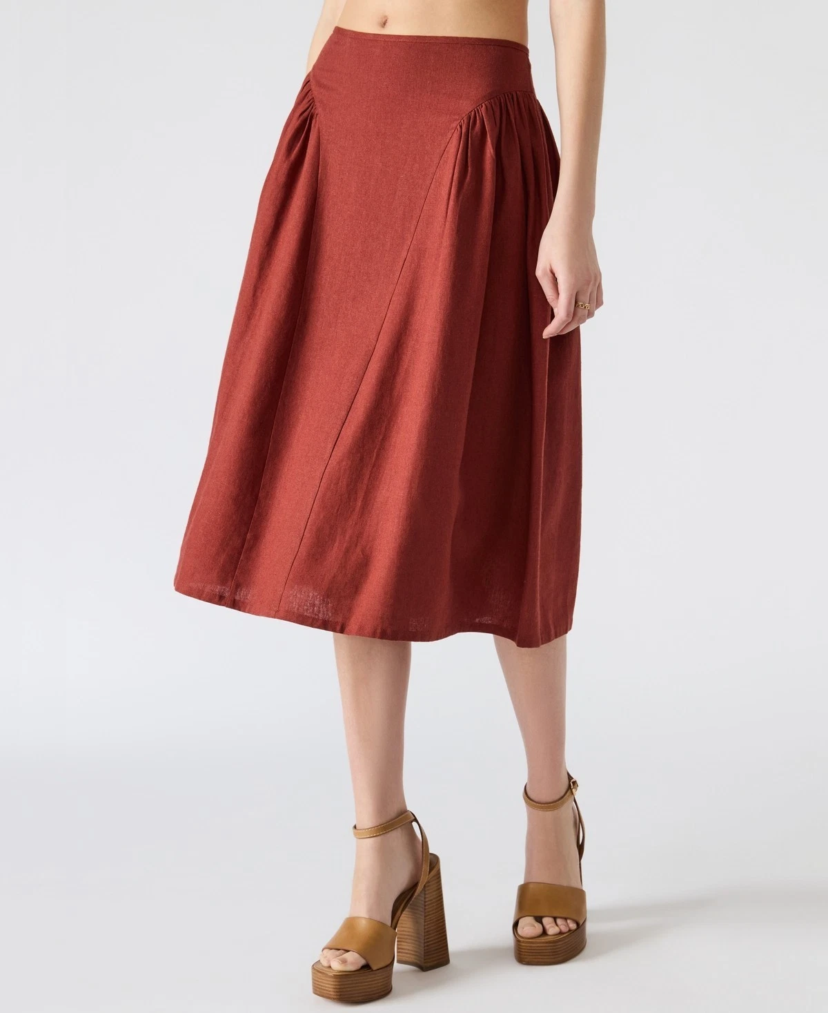Steve Madden X2858 Brooklyn Linen Blend Shirred Midi Skirt, Dusty Brick, 0