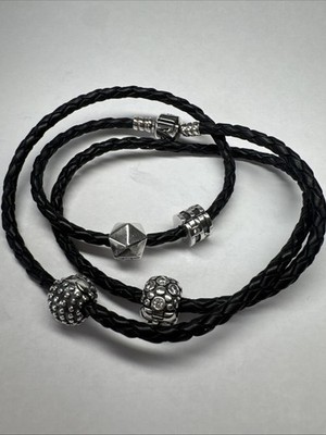RETIRED Authentic Pandora Black Triple Leather Bracelet 24  Plus 4 Clips