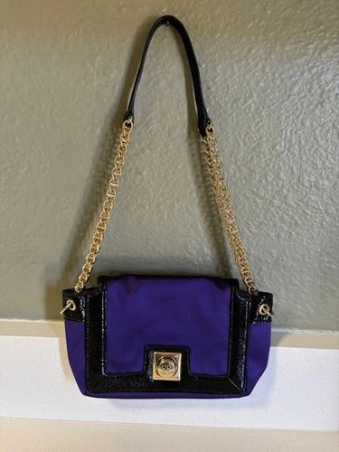 KATE SPADE NY Purple Satin with Black Patent Leather Small Shoulder Clutch Bag