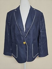 NEW ANN TAYLOR Women's Blazer 3/4 Sleeve Linen Blend Navy Blue Color.Size 14