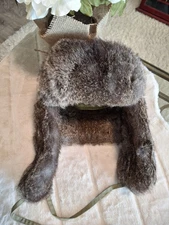 CrownCap Rabbit Genuine Fur Trapper Hat Men's Size Large Brown Earflap Quilted