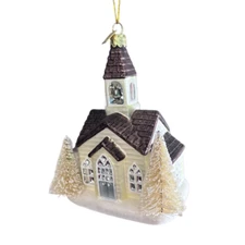 Church Glass Ornament Kurt Adler 5 Inch Brown and White with Snow Christmas