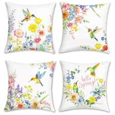 Throw Pillow Covers 18 x 18 Inch Colorful Flowers Hummingbirds Spring Floral