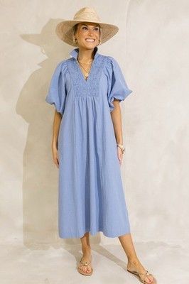 dusty blue midi dress with sleeves Woven Smocked Ruffle Sleeve Midi Dress in Dusty Blue – Lilac East