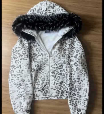 Y2k Leopard Print Fur Trim Hoodie Womens Zipup Jacket Grunge