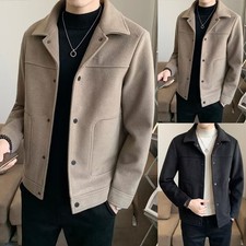 Mens Warm Wool Coat for Slim Fit Single Breasted Turn Down Collar Outerwear