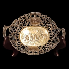 Antique German Silver Ornate Bowl Repousse Reticulated Rim Pied Piper Scene