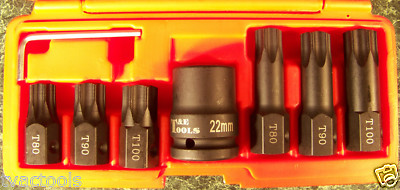 8pc T&E TORX Impact Socket Bits and 3/4'' Drive Holder Big Upto T100 torque torq