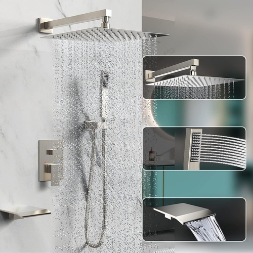 Rain Shower System 12 inch Shower Faucet Set with Tub Spout with Handheld Spray - Picture 2 of 8