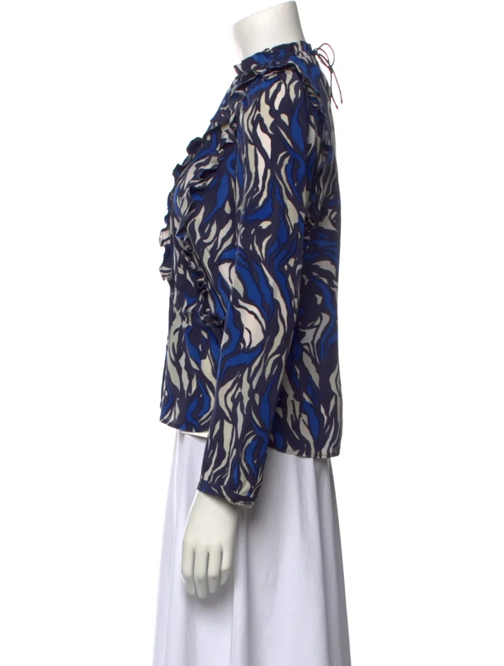 Isabel Marant 衬衫上衣女式大号蓝色 Geo 印花丝绸荷叶边模拟领 — 第 2/3 张图片