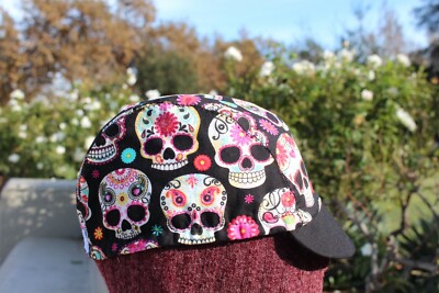 CYCLING CAP SKULL & FLOWERS  HANDMADE IN USA   S M L