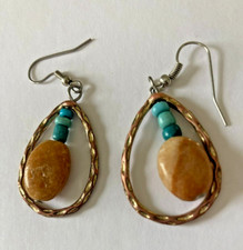 Earrings Vintage Copper and Natural Stone Dangle Earrings Ochre and Aqua 1"