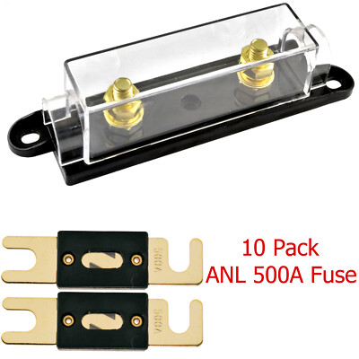 1/0/4/8 Gauge ANL Fuse Holder with 10 Pack Gold Plated 500 Amp ANL Fuse