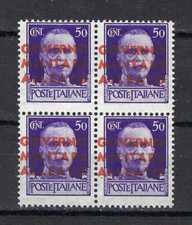 Italy 1943 Sc# 1N13 red overprint shifted to left Allied Military block 4 MNH