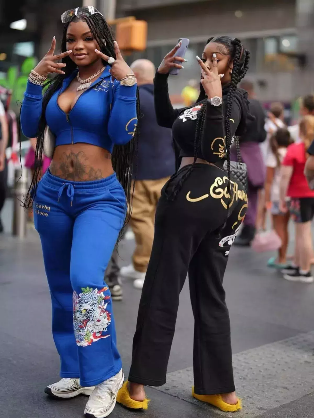 Ed Hardy Y2k Tracksuit Set Croped Zip Up Hoodie And Sweatpants Blue/Black/Red