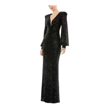 Mac Duggal Black  Sequined Plunge Neck Structured Bishop Sleeve Gown 16 $398