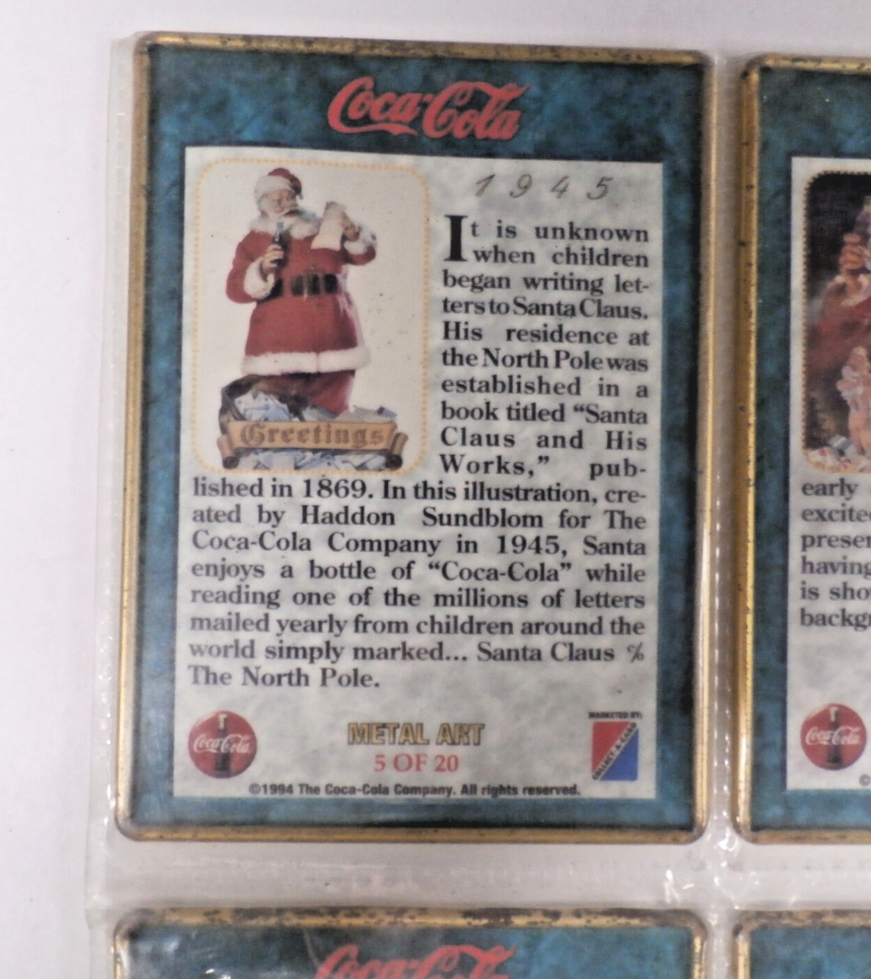 Metal Art Coca Cola 9 of 20 Collectors Cards Vintage Santa