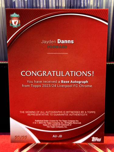 2023-24 Topps Chrome Liverpool Jayden Danns Bowman Auto RC 90/99 - Picture 2 of 3
