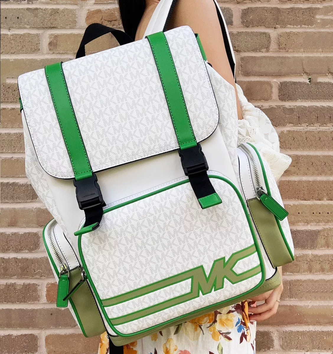 Michael Kors Cooper Utility Rucksack Flap Pocket Large Backpack White Palm  Green