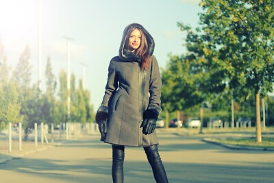 Damen Lammfellmantel Kate Mantel Ledermantel Fellmantel Wintermantel Kapuze 