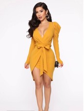 NWT Fashion Nova Owning This Moment Puff along Sleeve Mini Dress in Mustard
