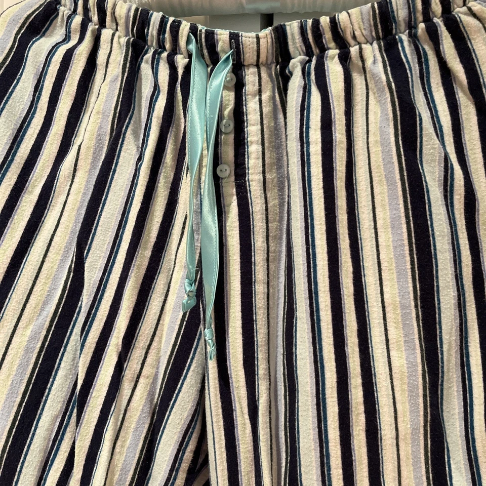 Pantalones de pijama de salón Adonna Wm-XL franela azul blanco algodón a rayas usados en excelente estado Foto 3 de 4