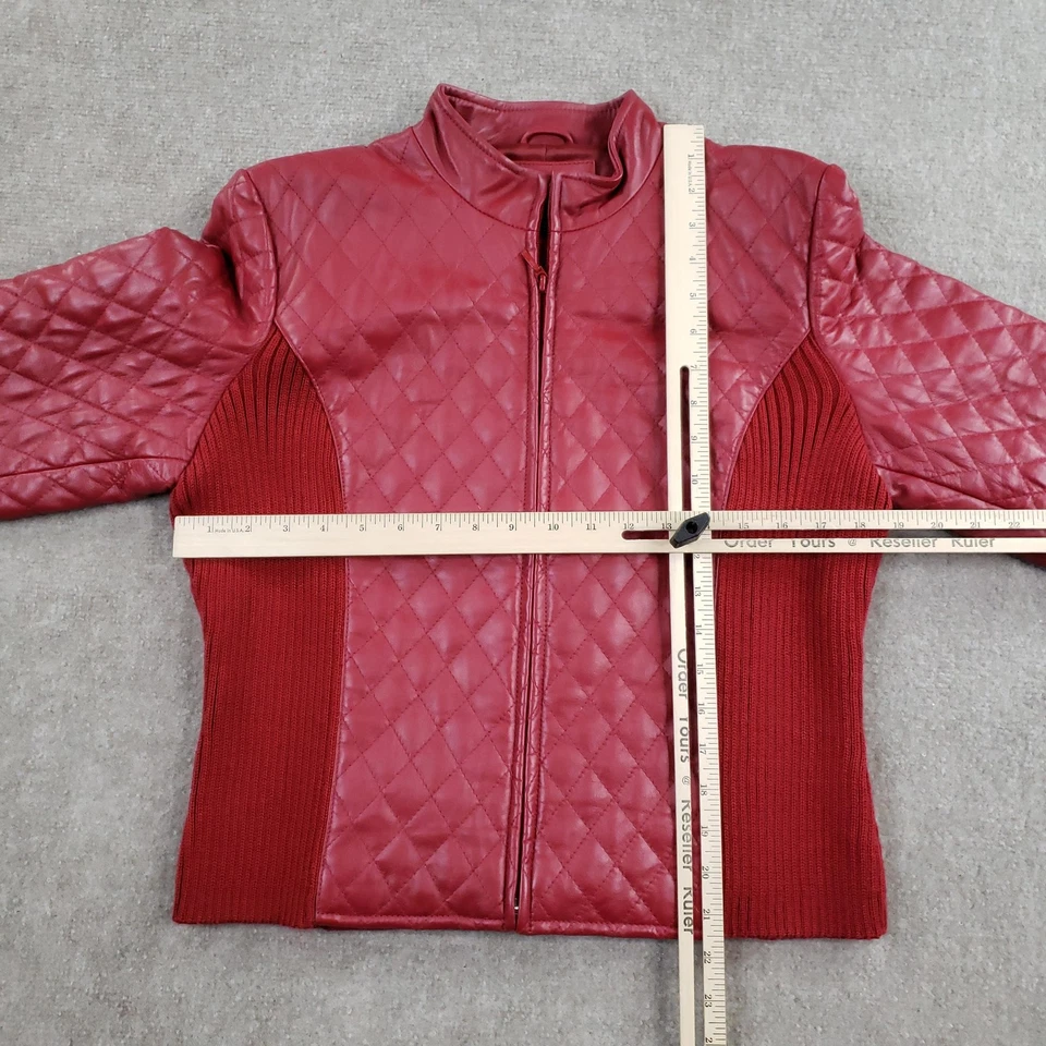 Clothes by Revue Jacket Womens 10 Red Quilted Lamb Leather Zip Front Knit Trim - Image 2 of 4