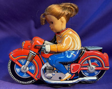 1950's Haji Made in Japan Tin Litho Friction Girl Motorcyclist Toy working