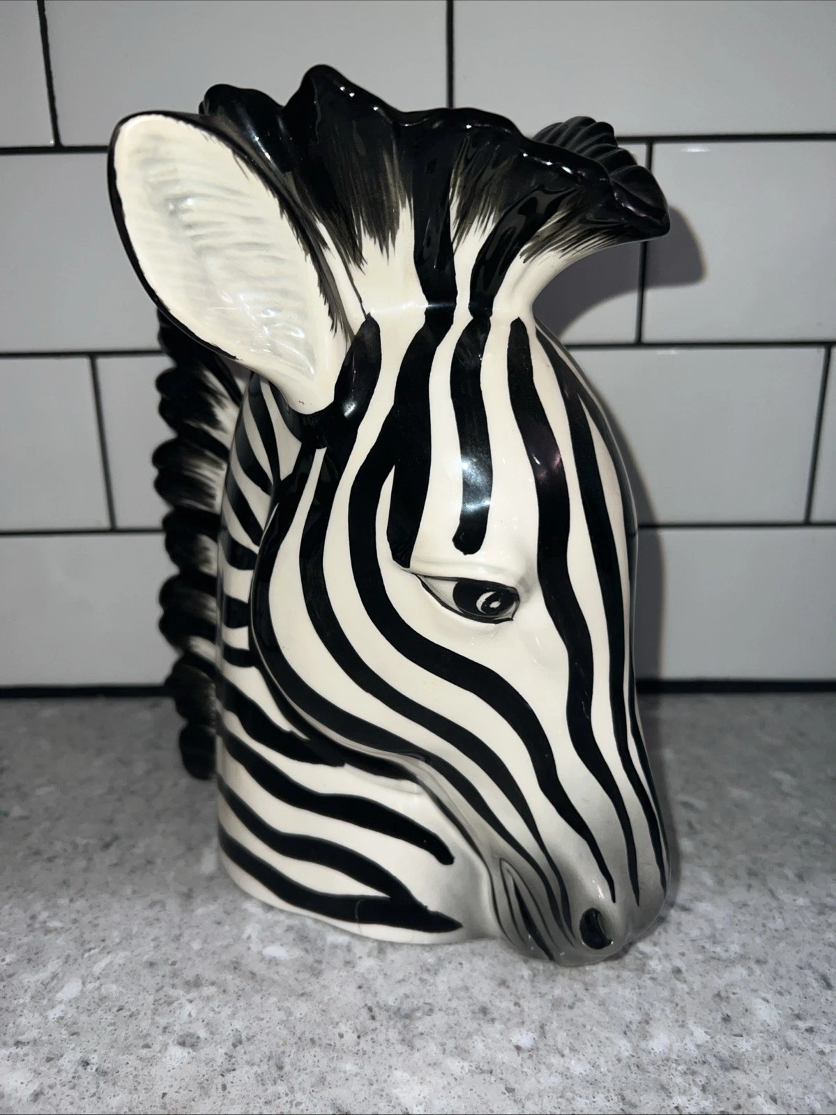 Vintage Fitz & Floyd Zebra Head Vase 9" Black White Stripes Ceramic Japan Rare