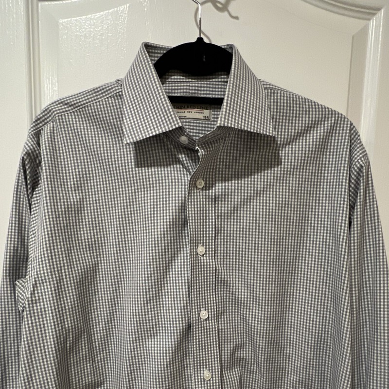 Thin Red Line Men's Gray/White Check Dress Shirt 16R 34/35 Cotton Point Collar