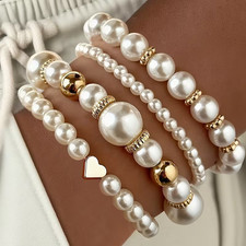 Set of 4 Imitation Crystal and Pearl Beaded Elastic Bracelets 7-8 inch