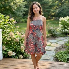 Free People Women's Floral Striped Cotton Mini Sun Dress Red Blue Size 2