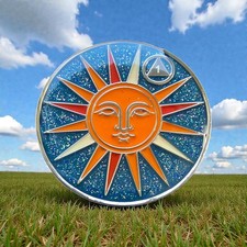 One Year AA Sobriety Chip. 1 Years Sober Medallion. Sun Moon 1 Year Coin