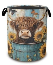 Large Laundry Basket,Highland Cow Highland Cow,Sunflower Butterfly,Blue Wooden