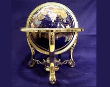 VINTAGE Semi Precious Stone Inlaid Globe Blue Lapis Gold Stand with Compass 14”