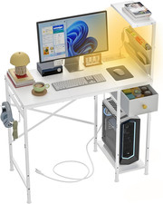 Compact 33.7" Computer Desk with Power Outlets, LED Lights  Storage Hooks