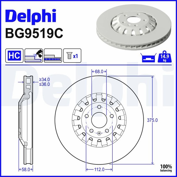 2X Delphi Bremsscheibe BG9519C FüR VW Touareg CR7 RC8 Ehybrid 4Motion TSI Audi-image