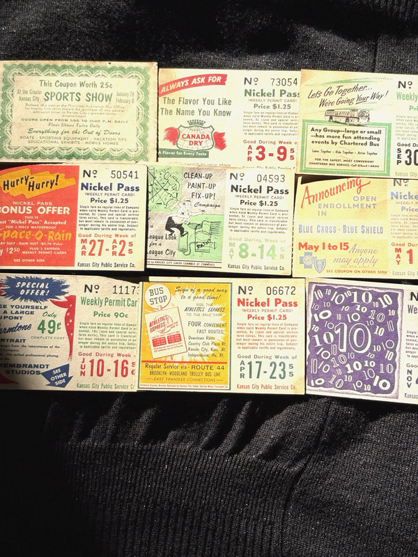 Nine Kansas City Trolley Bus Nickel Passes  1955/56  Vivid Colors Neat Lithos